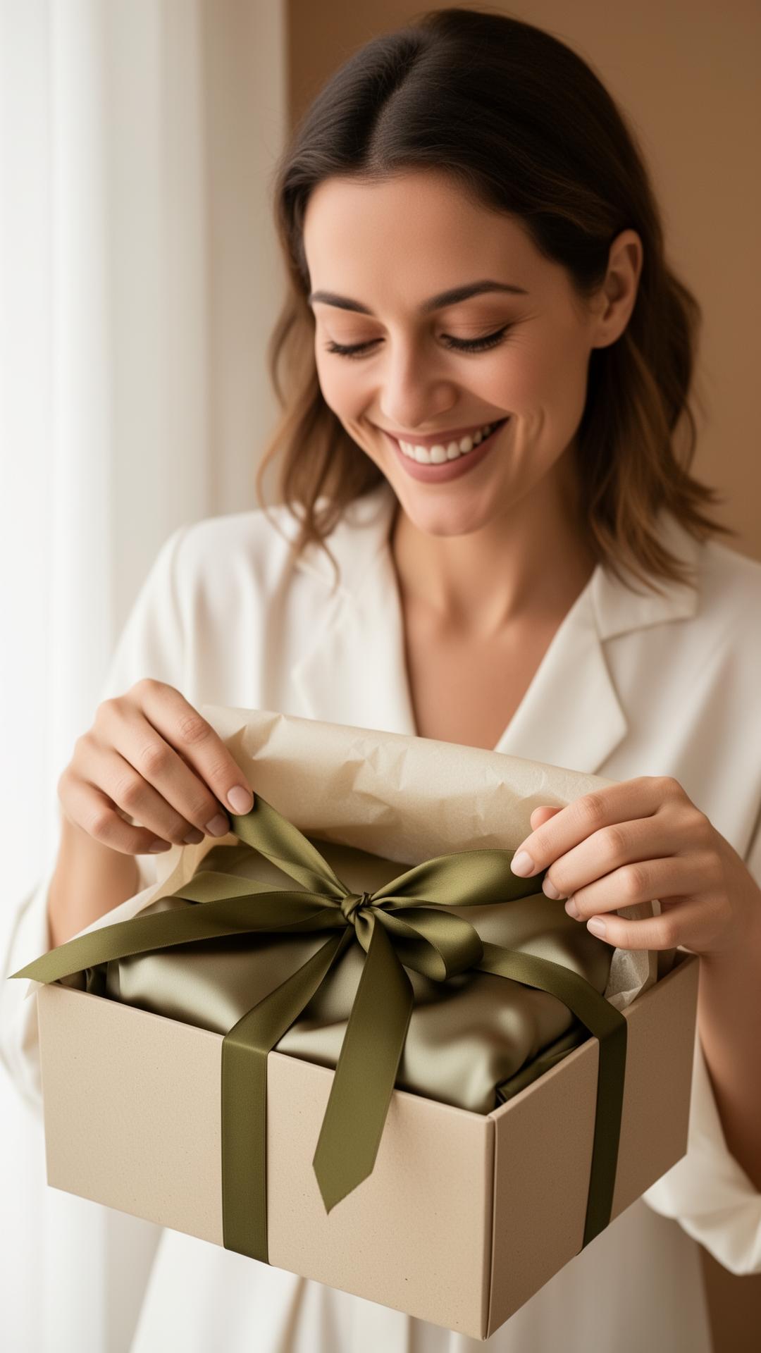 Cliente sorridente abrindo embalagem presente da Reviva Shop com fita verde oliva e peça de seda — moda second hand curada